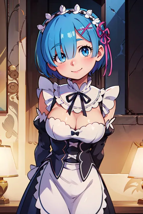 (masterpiece), best quality, high resolution, highly detailed, perfect lighting, hands behind back, , aarem, short hair, maid headdress, x hair ornament, hair ribbon, hair over one eye, large breasts, frills, neck ribbon, cleavage, dress, detached sleeves, white apron, waist apron, white pantyhose, <lora:rem_v1:0.8>, , , upper body , solo, smiling, looking at viewer,, BREAK, leaning forward, head tilt, blush, upper body,