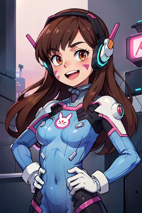 (masterpiece), best quality, high resolution, highly detailed, perfect lighting, hands behind back, , aahana, long hair, brown hair, headphones, whisker markings, shoulder pads, blue bodysuit, ribbed bodysuit, animal print, clothes writing, long sleeves, white gloves, <lora:d.va_v1:0.8>, , holding weapon, handgun, , cyberpunk, , upper body , solo, smiling, looking at viewer,, BREAK, hip to the side, hand on hip, contrapposto,