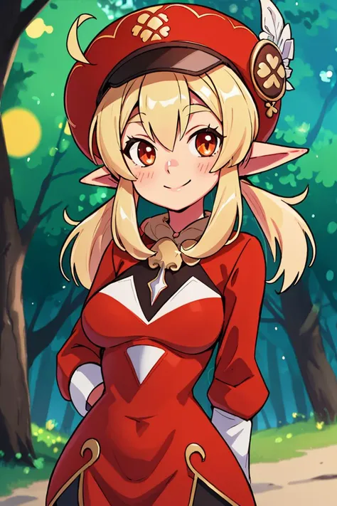 centered, award winning upper body portrait, cowboy shot, (looking at viewer:1.2), | solo, standing, smile, Adult_Klee_Genshin, pointy ears, red hat, | forest,, | bokeh, depth of field, cinematic composition, | dynamic pose, <lora:Adult_Klee_Genshin:0.8>