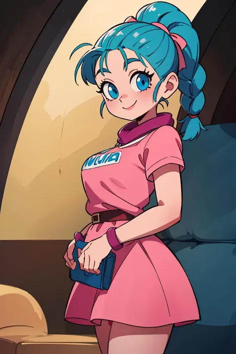 ((masterpiece,best quality)), absurdres, <lora:Bulma_DB:0.7>, Bulma_DB, braided ponytail, pink dress, blue eyes, solo, smiling, looking at viewer, cowboy shot, cinematic composition,