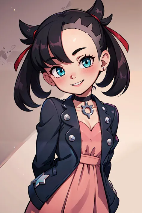 (masterpiece), best quality, high resolution, highly detailed, perfect lighting, hands behind back, , <lora:marnie_v1:0.7>, hmmarnie, aqua eyes, black choker, red ribbon, pink dress, jewelry, black jacket, open clothes, long sleeves, solo, smiling, looking at viewer, , , upper body , solo, smiling, looking at viewer,, BREAK, leaning forward, head tilt, blush, upper body,