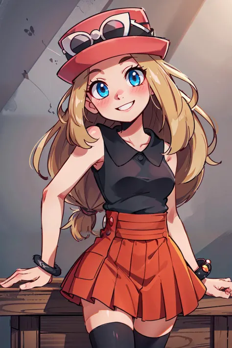 (masterpiece), best quality, high resolution, highly detailed, perfect lighting, hands behind back, , <lora:serena_v1:0.7>, serena \(pokemon\), 1girl, long hair, blue eyes, thighhighs, long hair, hat, jewelry, bracelet, black thighhighs, collared shirt, pleated skirt, red skirt, sleeveless, high-waist skirt, sleeveless shirt, eyelashes, pink headwear, black shirt, eyewear on headwear, solo, smiling, looking at viewer, , , upper body , solo, smiling, looking at viewer,, BREAK, leaning forward, head tilt, blush, upper body,