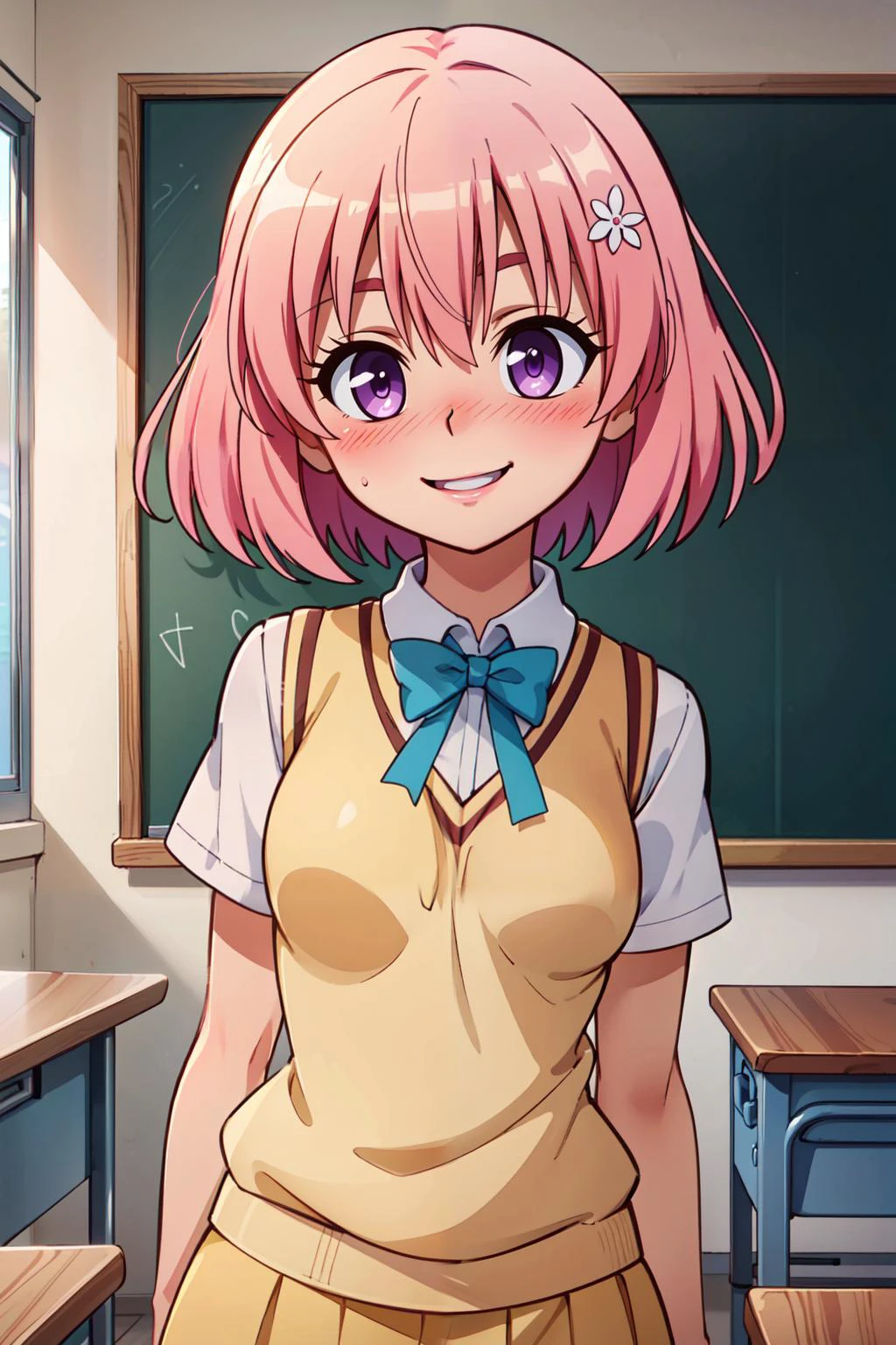 (masterpiece), best quality, high resolution, highly detailed, perfect lighting, hands behind back, , 1girl, momo velia deviluke, hair ornament, bob cut, short hair pink hair, purple eyes, medium breasts, yellow school uniform, looking at viewer, classroom, (blush:1.2), smile, <lora:Kizuki - To Love Ru - Momo Velia Deviluke:0.8>, cowboy shot, , upper body , solo, smiling, looking at viewer,, BREAK, hip to the side, contrapposto, cowboy shot,