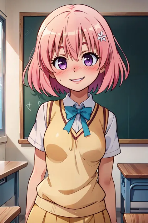 (masterpiece), best quality, high resolution, highly detailed, perfect lighting,  hands behind back, , 1girl, momo velia deviluke, hair ornament, bob cut, short hair pink hair, purple eyes, medium breasts, yellow school uniform, looking at viewer, classroom, (blush:1.2), smile, <lora:Kizuki - To Love Ru - Momo Velia Deviluke:0.8>, cowboy shot, , upper body , solo, smiling, looking at viewer,, BREAK, hip to the side, contrapposto, cowboy shot,