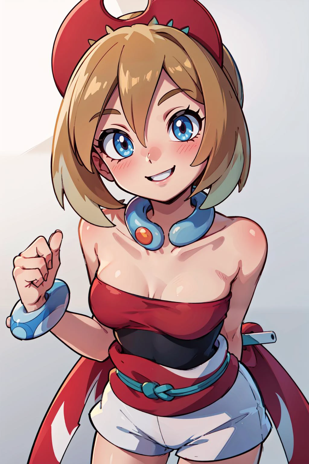 (masterpiece), best quality, high resolution, highly detailed, perfect lighting, hands behind back, , <lora:irida_(pokemon)_v1:0.7>, aairida, short hair, red hairband, neck ring, collar, strapless shirt, red shirt, bracelet, sash, waist cape, white shorts, bare legs, solo, smiling, looking at viewer, , , upper body , solo, smiling, looking at viewer,, BREAK, leaning forward, head tilt, blush, upper body,