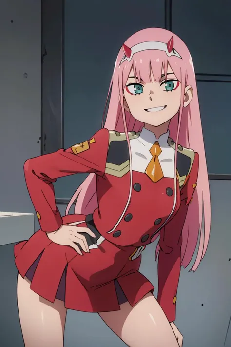 ((masterpiece,best quality)), absurdres, long hair, <lora:zerotwo-ditf:0.8>, zero two, military uniform, smug, smile, looking at viewer, leaning forward, skirt, solo, smiling, looking at viewer, cowboy shot, cinematic composition, dynamic pose, contrapposto, hand on hip,