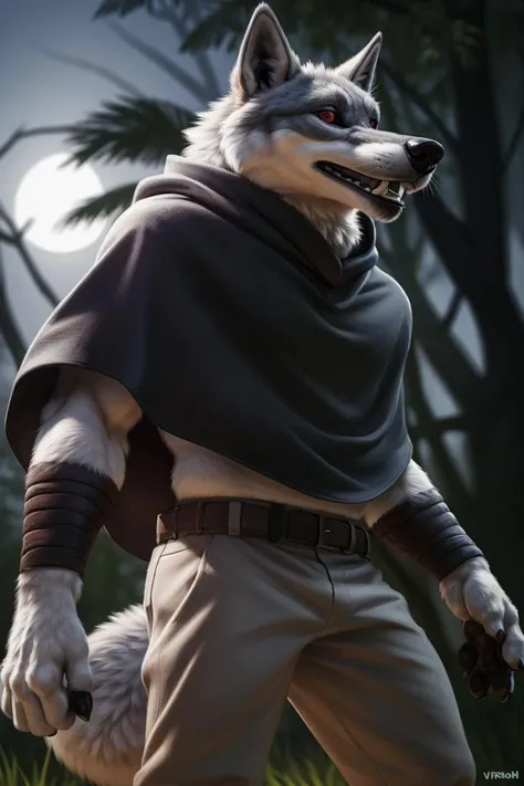 death (puss in boots), male, muscular, wolf, canid, fluffy, standing, night, forest, claws, paws, low angle view, long hair, black sclera, red eyes, tail, front view, action pose, (black poncho:1.2), clothed, bottomwear, pants, belt, white body, black fur, black fur, grey fur, forest, moonlight night, BREAK, by virtyalfobo, by anchee, by snowskau, by foxovh, by sabretoothed ermine, (intricate, high detail, film photography, soft focus, RAW candid cinema, photorealism, realistic, photorealistic, analog style, subsurface scattering, masterpiece, best quality, ultra realistic, 8k), bulge, bulge in pants, erect bulge in pants