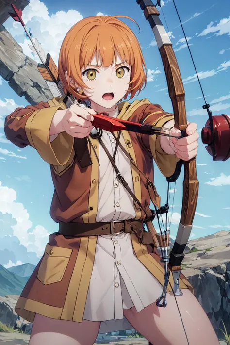<lora:0016BSanessa:1>,anessa,robe,coat,skirt,fighting_stance,holding_bow_(weapon),aiming_at_viewer,bow_(weapon),arrow,