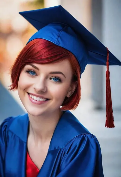 Studio photo. 18 year old, medium sized, confident looking woman. Smiling. Blue Graduation cap and gown. Short red hair in a pixie cut. Blue eyes < CCindyJaneDoe>