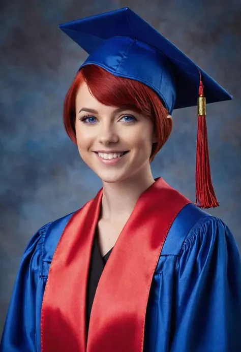Studio photo. 18 year old, medium sized, confident looking woman. Smiling. Blue Graduation cap and gown. Short red hair in a pixie cut. Blue eyes < CCindyJaneDoe>
