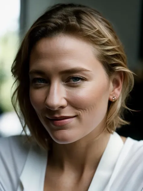Realistic photo of a beautiful c4t3b-v2 woman, 1girl, solo, looking at viewer, smile, short hair, blue eyes, blonde hair, shirt, upper body, blurry, lips, blurry background, portrait, watch, realistic, wristwatch, hand on own chinc, soft lighting, professional Photography, Photorealistic, detailed, RAW, analog, sharp focus, 8k, HD, high quality, masterpiece<lora:c4t3b-v2:1.0>