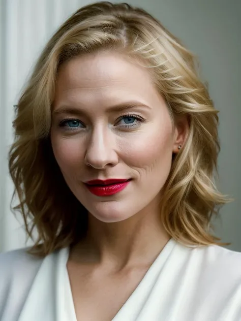 Realistic photo of a beautiful c4t3b-v2 woman, 1girl, solo, looking at viewer, smile, blue eyes, blonde hair, lips, makeup, lipstick, portrait, realistic, soft lighting, professional Photography, Photorealistic, detailed, RAW, analog, sharp focus, 8k, HD, high quality, masterpiece<lora:c4t3b-v2:1.0>