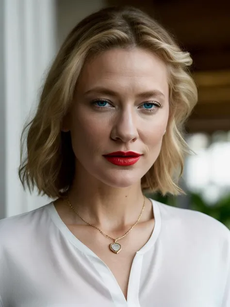 Realistic photo of a beautiful c4t3b-v2 woman, 1girl, solo, looking at viewer, blue eyes, blonde hair, shirt, jewelry, white shirt, upper body, collared shirt, necklace, lips, makeup, lipstick, realistic, soft lighting, professional Photography, Photorealistic, detailed, RAW, analog, sharp focus, 8k, HD, high quality, masterpiece<lora:c4t3b-v2:1.0>