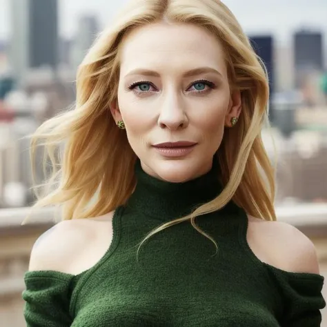 closeup picture, best quality, a sexy beautiful CB<lora:CB:1.0>, solo, long hair, looking at viewer, city background, turtle neck sweater, blonde hair, bare shoulders, green eyes, full body, red lips, jewlery, necklace, makeup, realistic, 8k, hdr