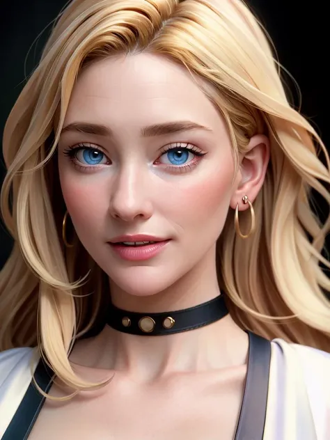 Realistic photo of a beautiful c4t3b-v2 woman, 1girl, solo, long hair, blue eyes, blonde hair, jewelry, earrings, teeth, choker, necklace, lips, portrait, realistic, soft lighting, professional Photography, Photorealistic, detailed, RAW, analog, sharp focus, 8k, HD, high quality, masterpiece<lora:c4t3b-v2:1.0>
