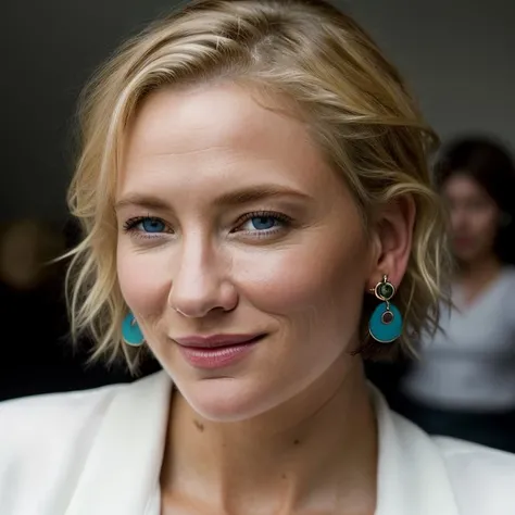 Realistic photo of a beautiful c4t3b-v2 woman, 1girl, solo, looking at viewer, smile, short hair, blue eyes, blonde hair, jewelry, earrings, lips, portrait, realistic, soft lighting, professional Photography, Photorealistic, detailed, RAW, analog, sharp focus, 8k, HD, high quality, masterpiece<lora:c4t3b-v2:1.0>