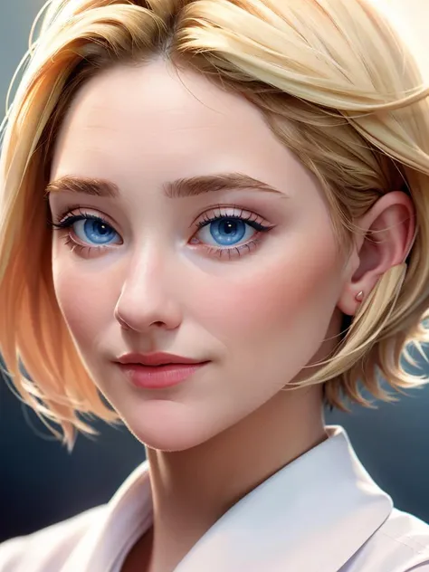 close-up portrait, Surreal, amazing quality, masterpiece, Best quality, amazing, inspiring, light smiling cheerful woman with light brown hair, hair neatly styled and reaching to the shoulders. Hair is parted in the center. The woman has fair hair, almond-shaped blue eyes, with well-defined eyelids. Oval shaped face with soft features, fair skin with even tone. Cheeks are slightly rounded with natural skin tone. Straight eyebrows of medium thickness, well defined and consistent with hair color. Nose straight, middle length, with a smooth transition to the tip. Medium full lips, natural pinkish tint, With a slight smile. Cinematic composition, soft shadows, Atmospheric haze, granularity, cinematic film yet, shallow depth of field, very detailed, high budget, synoscope, capricious, epic. Vintage photo from the 2000s in RAW format, photorealistic, hidden camera, color cinematographic film, Atmospheric lighting, natural, shallow depth of field.