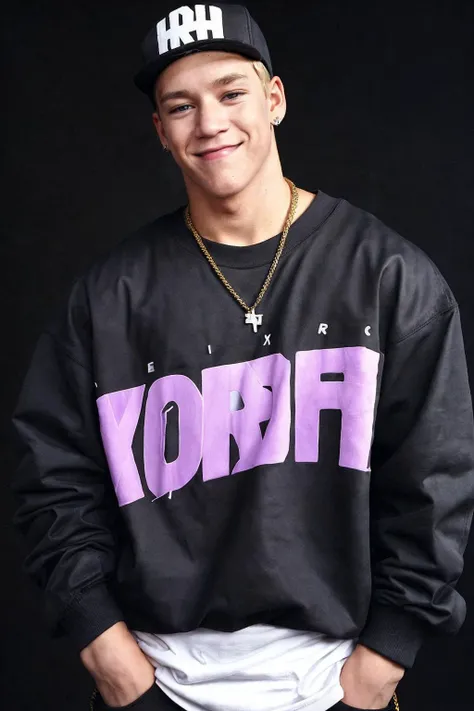 photo of zmorris relaxed confident pose, <lora:zmorris-v1:0.8>, wearing black urban streetwear, simple background, smirk, fashion editorial, hypebeast, wearing edg90hh_clothing <lora:edg90hh:0.9>