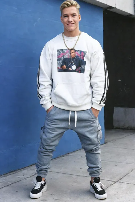 full body photo of zmorris relaxed confident pose, <lora:zmorris-v1:0.8>, wearing urban streetwear, simple background, smirk, fashion editorial, hypebeast, wearing edg90hh_clothing <lora:edg90hh:0.9>
