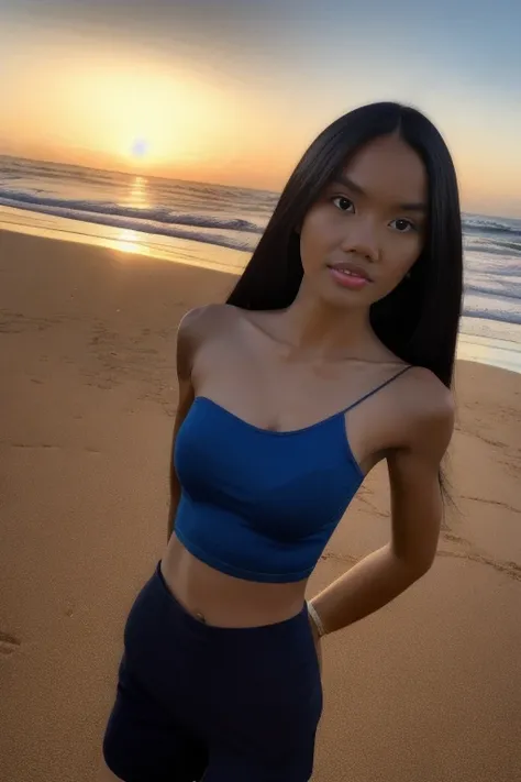 (masterpiece, 8k, RAW photo, best quality, ultra high res, high res), (accurate anatomy, detailed face, detailed skin, pores), (beautiful detailed eyes),
a full-body shot of devilora <lora:DeviLora:1>, (black hair, long hair, straight hair, dark skin, light-brown eyes), in (beach:1.3, golden hour:1.1), wearing a (croptop:1.2, shortpants:1.2, bare shoulder:1.1),