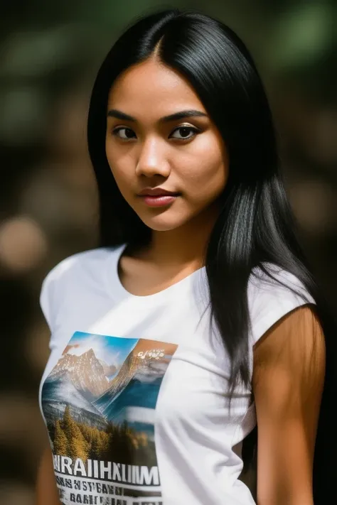 RAW photo, masterpiece, best quality, high quality, 85mm, F/5.8, insanely detailed and intricate, 1girl, brown eyes, black hair, (high detailed skin:1.2), t-shirt, tight t-hirt, detailed background, nature background, solo, 8k uhd, dslr, soft lighting, film grain, Fujifilm XT3 <lora:DeviLora:0.7>