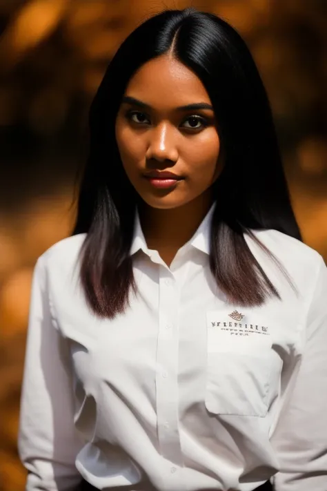 RAW photo, masterpiece, best quality, high quality, 85mm, F/2.8, insanely detailed and intricate, 1girl, brown eyes, black hair, long hair, high detailed skin, looking at viewer, shirt, white shirt, detailed background, nature background, solo, 8k uhd, dslr, soft lighting, film grain, Fujifilm XT3 <lora:DeviLora:1>