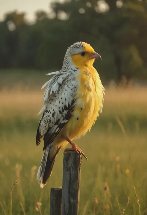 (medium full shot) of (magnificent bird) with golden yellow speckled feathers, colorful crest, perched gracefully,  set in  a tranquil meadow, with soft breezes, swaying grass, chirping birds, a serene, calming ambiance, at dawn , ,Masterpiece,best quality, raw photo, realistic, very aesthetic