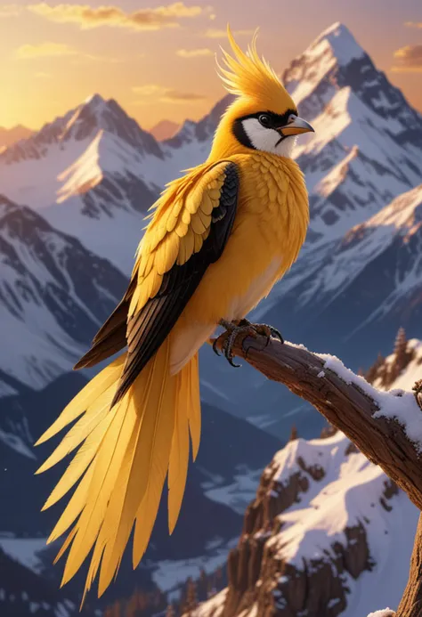 (medium full shot) of (exquisite bird) with golden yellow, sleek feathers, dark eye rings, a beaded necklace, set in  a majestic mountain, with snow-capped peaks, rugged terrain, soaring birds, and a breathtaking view, during sunset, singing melodiously, Masterpiece,best quality, photo, realistic, very aesthetic,