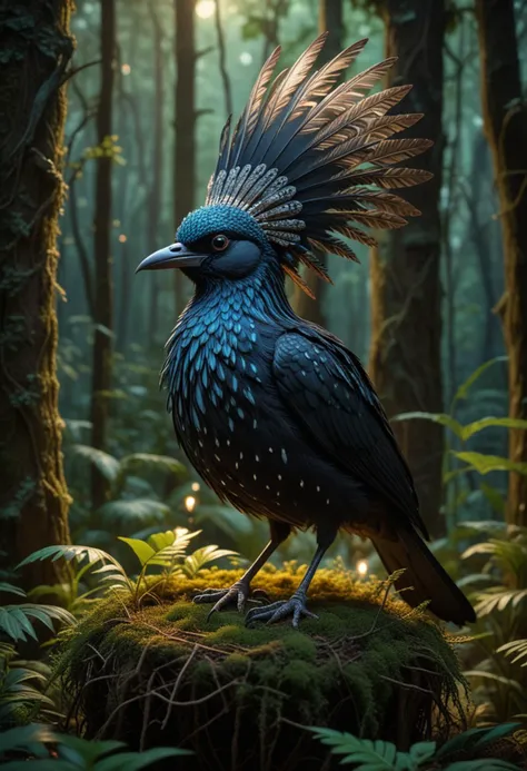 (medium full shot) of (striking bird) with midnight black, striped feathers, spotted chest, a feathered headdress, set in  a mystical forest, with bioluminescent plants, hidden paths, magical creatures, and an enchanting ambiance, during sunset, building a nest, Masterpiece,best quality, photo, realistic, very aesthetic,