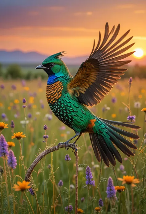 (medium full shot) of (striking bird) with emerald green, speckled feathers, colorful crest, a woven grass band, set in  a colorful meadow, featuring a variety of wildflowers, buzzing insects, playful birds, and a lively environment, during sunset, gliding effortlessly, Masterpiece,best quality, photo, realistic, very aesthetic,