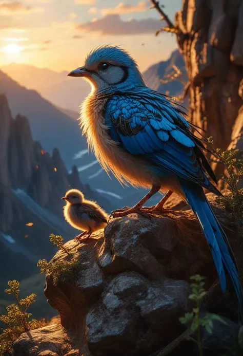 (medium full shot) of (radiant bird) with brilliant blue, shimmering feathers, dark eye rings, a silk ribbon, set in  a remote mountain, with rugged paths, diverse wildlife, majestic birds, and a sense of solitude, during sunset, feeding its chicks, Masterpiece,best quality, photo, realistic, very aesthetic,