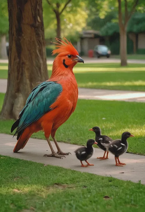 (medium full shot) of (exquisite bird) with vivid red patterned feathers, colorful crest, feeding its chicks,  set in  a serene urban park, with quiet pathways, lush lawns, resting birds, a tranquil setting  , ,Masterpiece,best quality, raw photo, realistic, very aesthetic