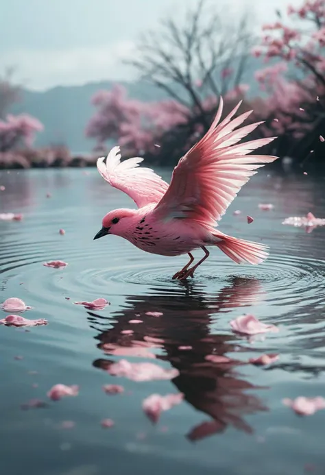 (medium full shot) of (vibrant bird) with soft pink, speckled feathers, dark eye rings, a silk ribbon, set in  a sprawling lake, with wide expanses of water, scattered islands, diving birds, and a sense of openness, soaring through the sky, Masterpiece,best quality, photo, realistic, very aesthetic,