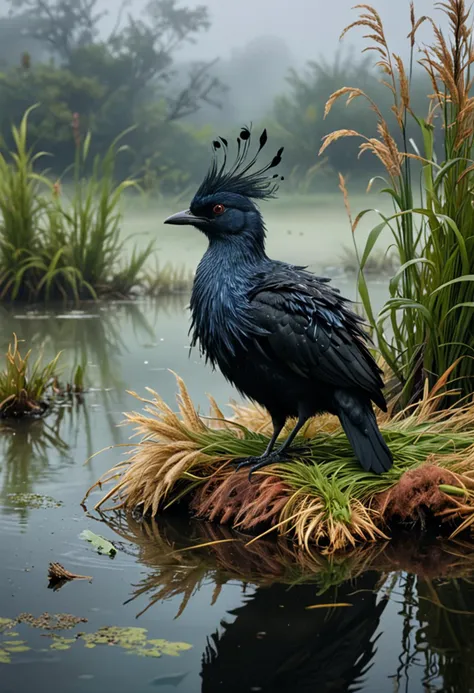 (medium full shot) of (striking bird) with midnight black, fluffy feathers, spotted chest, a woven grass band, set in  a mystical lake, with misty waters, hidden creatures, quiet birds, and an enchanting ambiance, diving swiftly, Masterpiece,best quality, photo, realistic, very aesthetic,