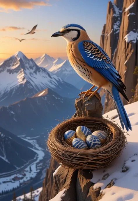 (medium full shot) of (exquisite bird) with brilliant blue, striped feathers, patterned breast, a golden bracelet, set in  a majestic mountain, with snow-capped peaks, rugged terrain, soaring birds, and a breathtaking view, at dawn, building a nest, Masterpiece,best quality, photo, realistic, very aesthetic,