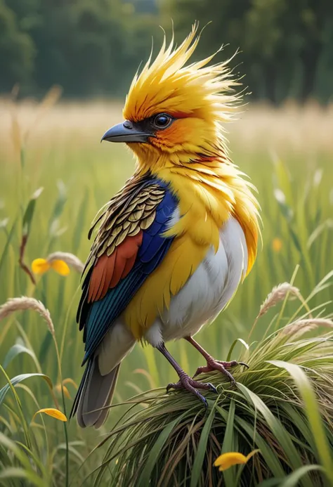 (medium full shot) of (stunning bird) with golden yellow, tufted feathers, colorful crest, a woven grass band, set in  a tranquil meadow, with soft breezes, swaying grass, chirping birds, and a serene, calming ambiance, perched gracefully, Masterpiece,best quality, photo, realistic, very aesthetic,