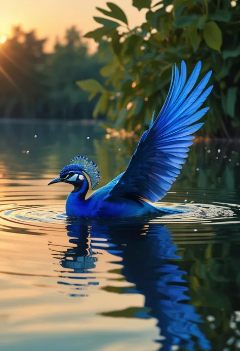 (medium full shot) of (striking bird) with brilliant blue, glossy feathers, banded wings, a leaf crown, set in  a pristine lake, with crystal-clear water, reflected skies, swimming birds, and a peaceful environment, during sunset, fluttering its wings, Masterpiece,best quality, photo, realistic, very aesthetic,