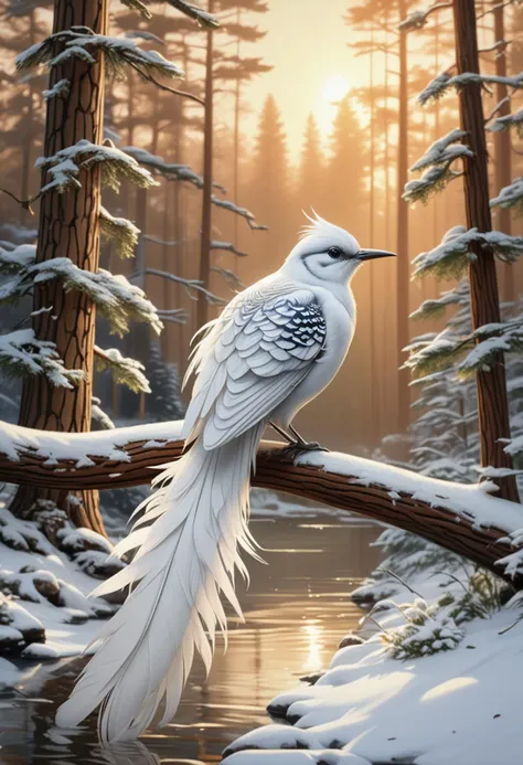 (medium full shot) of (elegant bird) with snowy white, patterned feathers, striped tail, an ornate brooch, set in  a peaceful forest, with tall pines, gentle streams, a variety of bird species, and a calm, soothing environment, during sunset, diving swiftly, Masterpiece,best quality, photo, realistic, very aesthetic,