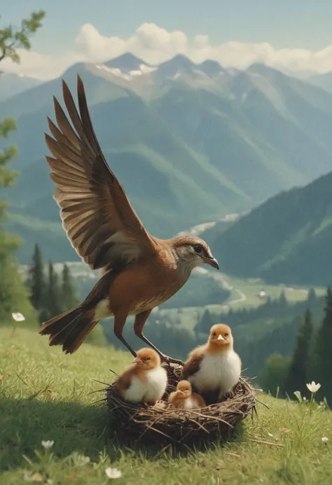 (medium full shot) of (elegant bird) with chestnut brown tufted feathers, white-tipped wings, feeding its chicks,  set in  a serene mountain, featuring rolling hills, alpine meadows, chirping birds, a tranquil atmosphere , ,Masterpiece,best quality, raw photo, realistic, very aesthetic