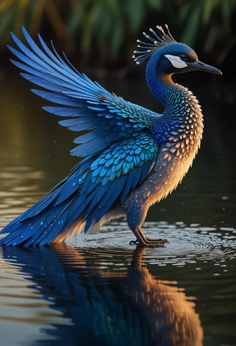 (medium full shot) of (striking bird) with brilliant blue, speckled feathers, iridescent tail feathers, a beaded necklace, set in  a sprawling lake, with wide expanses of water, scattered islands, diving birds, and a sense of openness, at dawn, preening its feathers, Masterpiece,best quality, photo, realistic, very aesthetic,