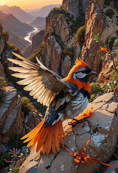 (medium full shot) of (striking bird) with sunset orange, fluffy feathers, banded wings, a silk ribbon, set in  a rocky mountain, with steep cliffs, scattered vegetation, nesting birds, and a sense of adventure, at dawn, diving swiftly, Masterpiece,best quality, photo, realistic, very aesthetic,