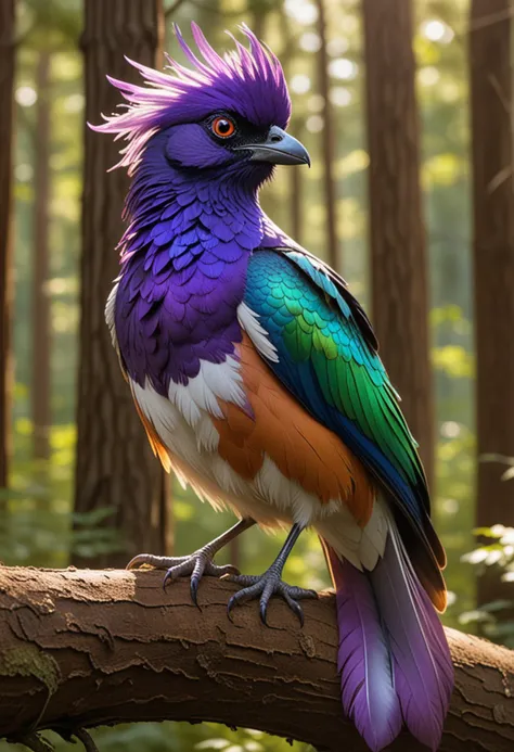 (medium full shot) of (majestic bird) with iridescent purple, tufted feathers, dark eye rings, a colorful bandana, set in  a dense forest, with towering trees, dappled sunlight, a chorus of bird songs, and a sense of tranquility, perched gracefully, Masterpiece,best quality, photo, realistic, very aesthetic,