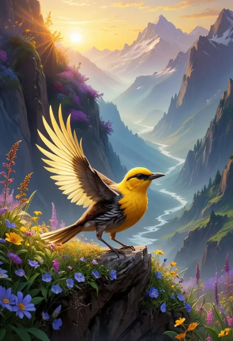 (medium full shot) of (elegant bird) with golden yellow, fluffy feathers, banded wings, a gemstone pendant, set in  a vibrant mountain, with wildflowers, clear streams, darting birds, and a lively ambiance, at dawn, building a nest, Masterpiece,best quality, photo, realistic, very aesthetic,