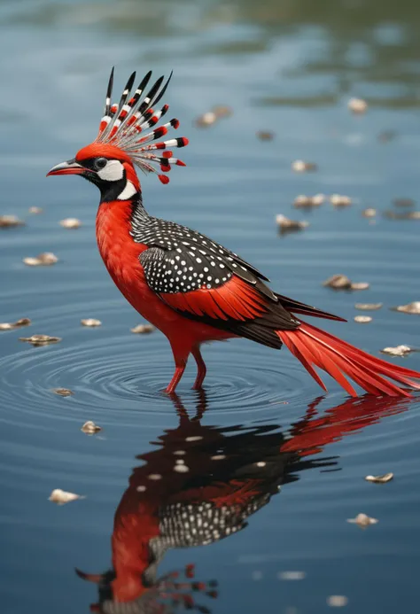 (medium full shot) of (elegant bird) with vivid red, striped feathers, spotted chest, a gemstone pendant, set in  a sprawling lake, with wide expanses of water, scattered islands, diving birds, and a sense of openness, feeding its chicks, Masterpiece,best quality, photo, realistic, very aesthetic,