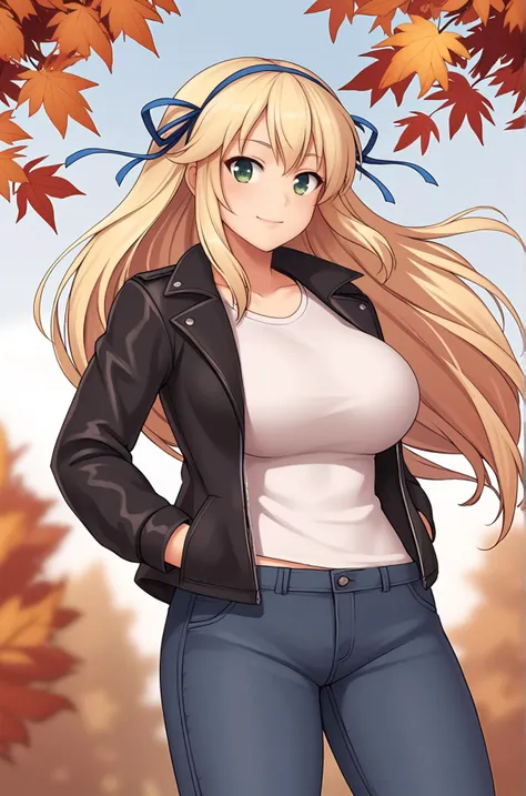 anime artwork, score_9, score_8_up, score_7_up, source_anime, BREAK, thick outline, fat outline,
Katsuragi_XL, green eyes, long blonde hair, blue hair ribbon, double hair ribbon, large breasts, BREAK, leather jacket, jeans,  BREAK, hands in pockets, strong wind, hair flying, autumn, yellow leaves, flying leaves,
<lora:Katsuragi_XL:0.7>
<lora:PersonalAmi_PonyXL:1.0>