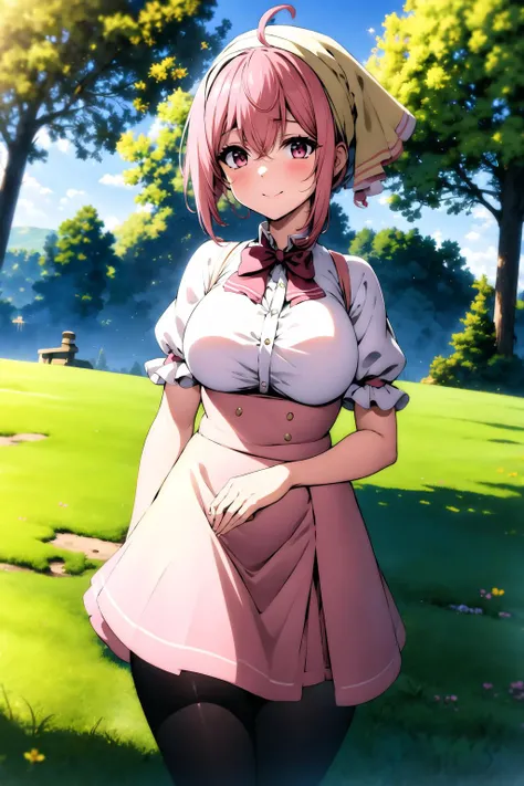 aruraru <lora:aruraru2:0.9>, medium breasts, pink hair, ahoge, (head scarf:1.2), white shirt, (red bow), cream skirt, strap skirt, kneehigh skirt, beautiful face, pink eyes, smile, (black pantyhose), outdoors, tree, field, (complex background, many elements in the background:1.1),(super detailed background), dynamic pose, (8k wallpaper), (masterpiece:1.2), best quality, absurdres, highres, extremely detailed wallpaper, perfect lighting,8k,HD, cowboy shot,