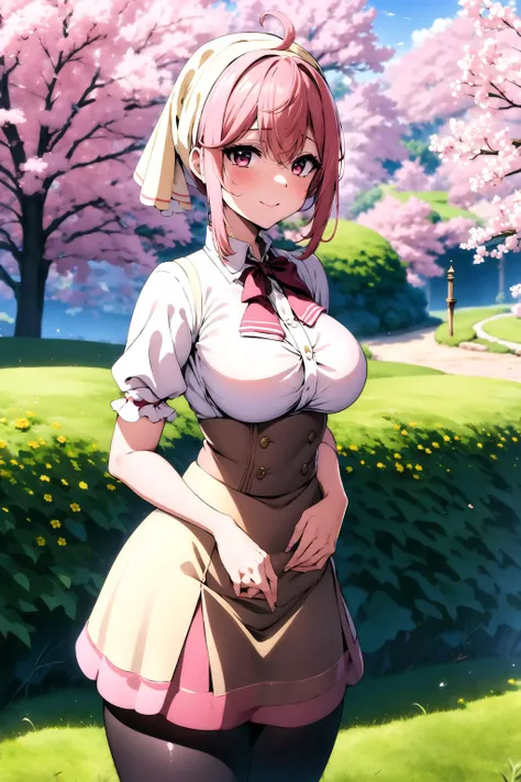 aruraru <lora:aruraru2:0.9>, medium , pink hair, ahoge, (head scarf:1.2), white shirt, (red bow), (cream skirt), (strap skirt), kneehigh skirt, beautiful face, pink eyes, smile, black pantyhoutdoors, field, (complex background, many elements in the background:1.3),((super detailed background)), dynamic pose, ((8k wallpaper)), (masterpiece:1.2), best quality, absurdres, highres, extremely detailed wallpaper, perfect lighting,8k,HD, cowboy shot,