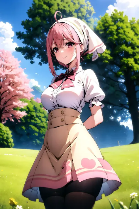 aruraru <lora:aruraru2:0.9>, medium , pink hair, ahoge, (head scarf:1.2), white shirt, (red bow), cream skirt, strap skirt, kneehigh skirt, beautiful face, pink eyes, smile, (black pantyhooutdoors, tree, field, (complex background, many elements in the background:1.1),(super detailed background), dynamic pose, (8k wallpaper), (masterpiece:1.2), best quality, absurdres, highres, extremely detailed wallpaper, perfect lighting,8k,HD, cowboy shot,