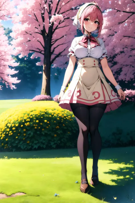 aruraru <lora:aruraru2:0.9>, medium , pink hair, ahoge, (head scarf:1.2), white shirt, (red bow), cream skirt, strap skirt, kneehigh skirt, beautiful face, pink eyes, smile, (black pantyhooutdoors, tree, field, (complex background, many elements in the background:1.1),(super detailed background), dynamic pose, (8k wallpaper), (masterpiece:1.2), best quality, absurdres, highres, extremely detailed wallpaper, perfect lighting,8k,HD, cowboy shot,