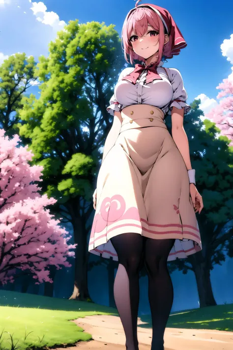 aruraru <lora:aruraru2:0.9>, medium , pink hair, ahoge, (head scarf:1.2), white shirt, (red bow), cream skirt, strap skirt, kneehigh skirt, beautiful face, pink eyes, smile, (black pantyhooutdoors, tree, field, (complex background, many elements in the background:1.1),(super detailed background), dynamic pose, (8k wallpaper), (masterpiece:1.2), best quality, absurdres, highres, extremely detailed wallpaper, perfect lighting,8k,HD, cowboy shot,
